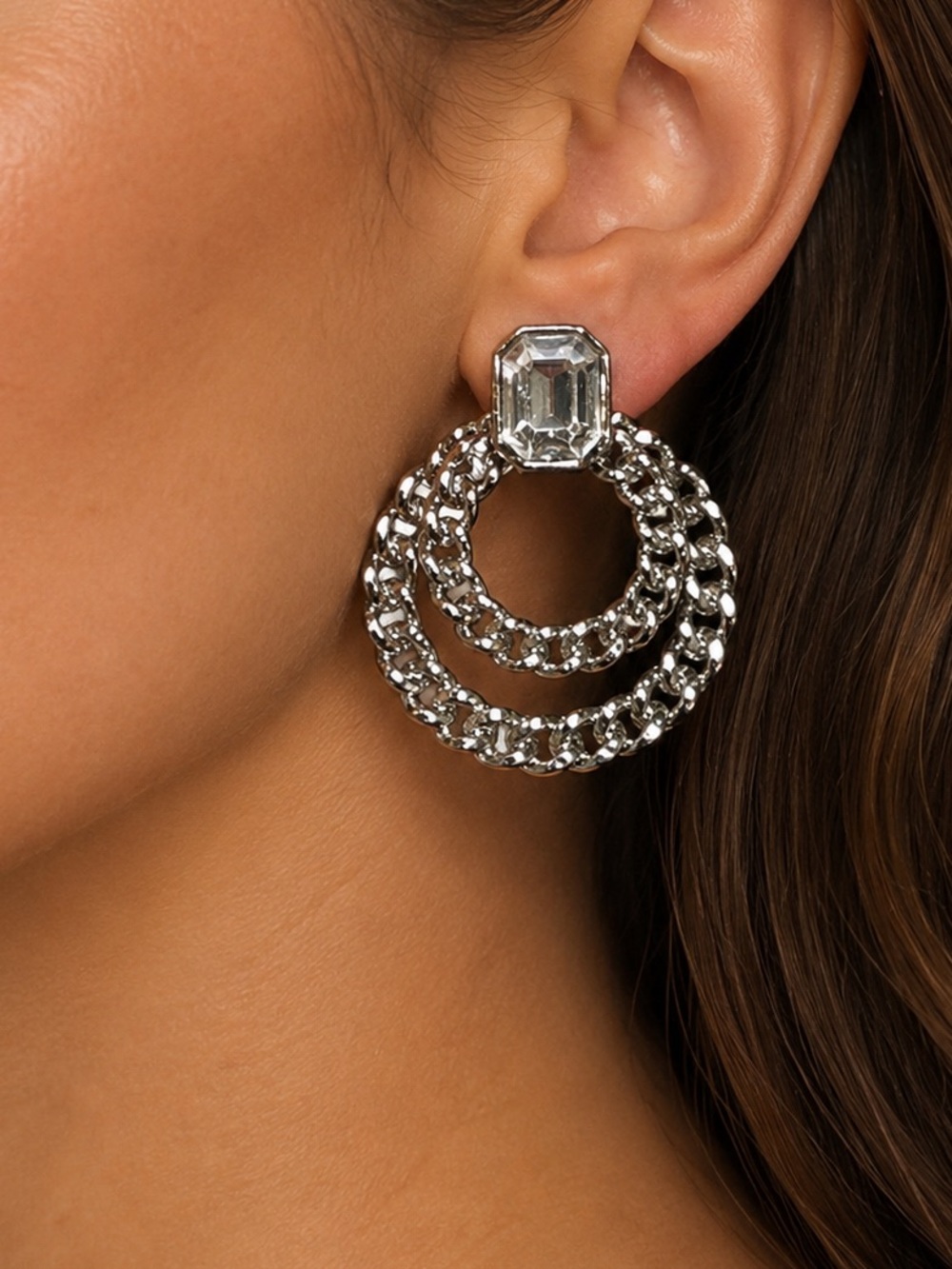 Silver-Tone Double Hoop Earrings with Emerald-Cut Crystal Accent